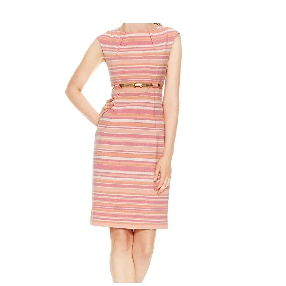 Calvin Pink Striped Retro Vibe Sheath with Gold Belt. Size 6